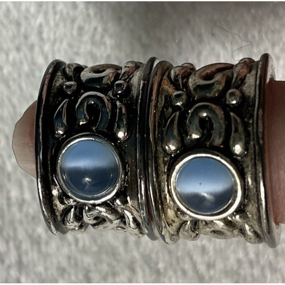 Silver Tone Clip On Earrings With Blue Glass Stone